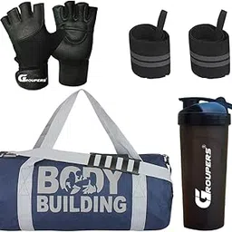 groupers Duffle Canvas Bag with Shaker Bottle-700ml & GloveslSports & Travel BaglSports Kitl (Blue)-picture-18