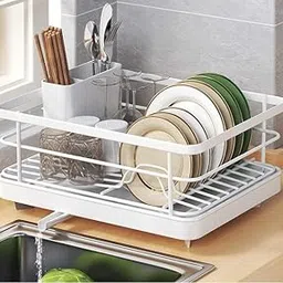 HROY Large Capacity Dish Drying Rack with Drainboard – Kitchen Countertop Organizer for Plates, Cups & Utensils – Rustproof White Metal Dish Rack with Drain Spout (White, 1 Layer)-image-79