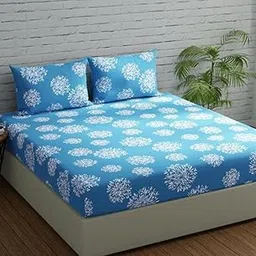 NEW TOWN Cotton Feel Glace Cotton Elastic Fitted Printed King Size Double Bed Bedsheet with 2 Pillow Covers and Fits Upto 8 inches Mattress, Size- 72"x78" Saffro 3377-image-64
