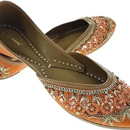 fulkari Women Laltena Orange Gold Genuine Soft Leather Embroidered Jutis | Bite and Pinch Free Jutti | Punjabi Formal Juttis | Girl's Wedding Flat Ladies Mojari | Formal Ethnic Juti |-picture-17