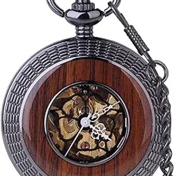 Hand-Wind Mechanical Men's Pocket Watch Steampunk Wood Grain Hollow Design with Chain & Box-image-13