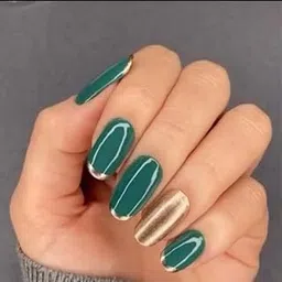 Green with Golden Color Press-On False Nails | 24 Pcs Reusable Stick -On Fake Nails | Easy Glue Application | Long-Lasting Shine | Artificial Nail Extensions for Women & Girls-picture-62