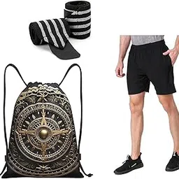 Men's Athletic Shorts with Black Hand Wraps and Compass Design Drawstring Bag, 3-Piece Sports Set-image-3