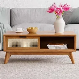 Bme Solid Wood Jasper Coffee Table with Storage, Accent Rattan Design, Good Choice for Living Room, Dark Chocolate image 1