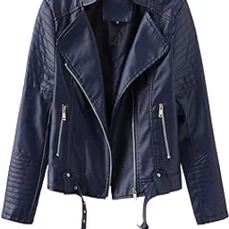 honmin Women's PU Leather Zipper Jacket | Spring Autumn Streetwear Style Belted Coat | Royal blue - S-picture-28