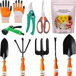 GROW DELIGHT Gardening Tools Kit-10 Pcs (Fork, Cultivator, Big Trowel, Small Trowel, Weeder, Scissors, Pruner Cutter, Water Gun, Garden Gloves, Flower Seeds Packet)|Home Gardening Tool Set image 1