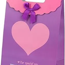 ILU Romantic Gift Paper Bag with Bow | Cut Handle and Tuck-in Flap | Purple & Pink Heart Design | Small Size (12X16X6 cm) | Premium Kraft for Birthday, Valentine, Anniversary, Return Gift | Pack o-image-6