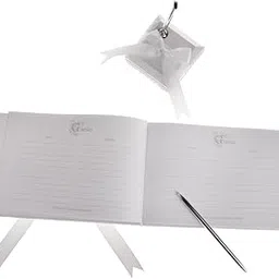 CALANDIS™ White Satin Bowknot Wedding Guest Book and Pen Set Bridal Accessories | Guest Books & Pens | Wedding Supplies-image-4