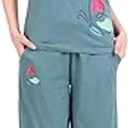 zha Women's Soft Cotton Top Round Neck Button placket Short Sleeves and Capri Pants with pocket-picture-28