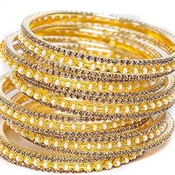 Non-Precious Metal Bangles Set | Zircon & Pearl Studded Premium Traditional Bangle Set for Women & Girls | 12 Green Bangles and 6 Pearl Bangles-image-22