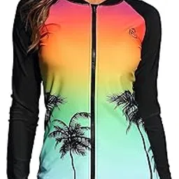 attraco Womens Plus Size Swim Shirts Rash Guard Swimsuits Sun Protection UPF 50+, Coconut Tree Black, XL-picture-35