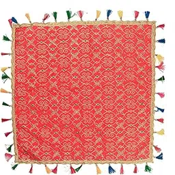 DLC 24 x 24 inch Multipurpose Altar Cloth, Red Puja Cloth for Decoration, Golden Hook Tassel Silk mat for Home Temple, Ornamental Pooja aasan with Heavy Work-picture-62