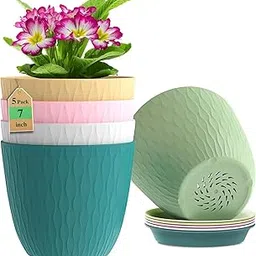 GARDENNEST 7 Inch Plastic Flower Pots for Home Decoration | Indoor Outdoor Gardening Planters | Durable Plant Pots with Drainage Hole & Tray | Multicolor (W&L) | Set of 5 Pots-picture-35