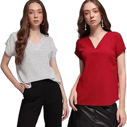amazon brand - inkast Women's Floral Regular Fit V-Neck Blouse | T-Shirt | Tops (Pack of 2)-picture-43