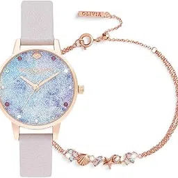 Olivia burton Under The Sea Qtz Basic Silver Glitter & Stone & Fake Pearl Round Dial Women's Watch|Pearl Lilac Leather Material Analog Watch|Pearl Lilac Color Band - Obgset142-image-54