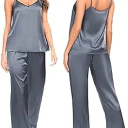 ssoshhub Women's Satin Kimono Robes Bridesmaid Wedding Robes Silky Bathrobes Summer Loungewear Nightsuit Nighty Honeymoon Special 3 Piece Set-picture-31