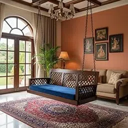 Jairi Traders Plank Wooden Swing Indoor Outdoor Teak Wood handand Back Support(4x2 Feet) Carving Work 3 Jhali with Chain Hanging Accessories-picture-25