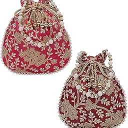 Kuber Industries Embroidery Drawstring Potli|Hand Purse With Gold Pearl Border & Handle For Woman,Girls Pack of 2 (Red & Maroon)-picture-11