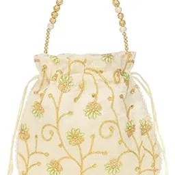 Traditional Embroidered Bag, Cream with Gold and Green Floral Embroidery, Pearl Beaded Edge, Golden Bell Tassels, Beaded Handle, Wedding and Festival Accessory-image-60
