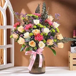 FlowerAura Fresh Live Flower Bouquet of 14 Rose, 5 Carnation & 2 Daisy In Vase For Birthday Gift, Anniversary Gift, Wedding Gift, Rose Day Gift, Valentine's Day Gift, New Year Gift (Same Day Delivery)-picture-10