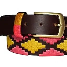 altunz Leather Embroidered Polo Belt, Brown with Blue Aztec Pattern, Metal Buckle image 1