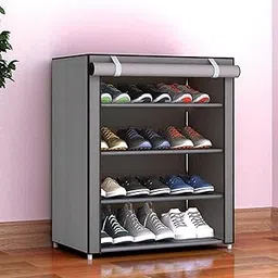 Metal, Plastic 4 Shelves Premium Multipurpose Storage Shoe Rack with Dustproof Cover (Grey)-picture-30