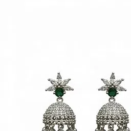 Crystal Floral Jhumka Earrings with Emerald Green Stone, Silver Dome Shape, Pearl Drops, Traditional Indian Wedding Jewelry-image-97