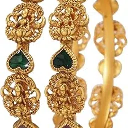 ornadzn zevellery Matte Gold Laxmi Devi Bangle for Women | Traditional Brass Kada | Heart Meenakari Detailing-picture-44