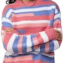 Textured Sweater: Heather Women and Girls Full Sleeves Round Neck Pink Blue and White Striped Acrylic Nylon Chunky Knit Casual Winter Pullover Oversized Sweater-image-0