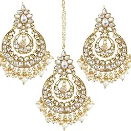 Fashion Jewellery Traditional Gold Plated Fancy Dangler Chandbali Pearl Kundan Bridal Earrings With Maang Tikka for Stylish Women & Girls-image-3