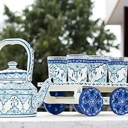 Rajasthan Craft Point Hand Painted Tea Kettles with 6 Glass Sets and One Wooden Cart for Glass (Sky Blue)-picture-22