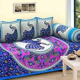 Heart Home Peacock Design Cotton Diwan Set with 6 Pieces (Blue & Pink)-image-27