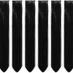 Xfilm Full Head Party Highlights Clip on in Hair Extensions Colored Hair Streak Synthetic Hairpieces Pack of 6 (22-Inch Straight, Black)-picture-18