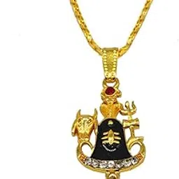 Religious Jewellery Lord Shiv Trishul Shivling Locket With Chain Gold Metal Pendant Set For Men And Women-image-47
