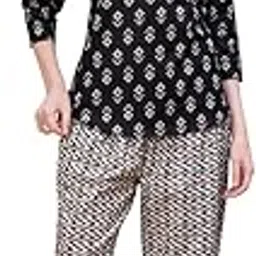 rigdom Women's Printed Co-ord Set, Black Floral Top with Chevron Pants, 3/4 Sleeve (Loungewear/Sleepwear)-picture-36