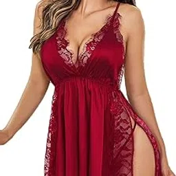 hilorill Women's Sexy Lace Lingerie Set V Neck Sheer Babydoll with G-String Night Suit-picture-33