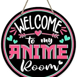 Bolisom Welcome to My Anime Room Front Door Sign, Anime Lovers Wood Door Hanger Girl Bedroom Decor, Funny Wooden Wreath Indoor Home Living Room Wall Hanging Decoration-picture-15