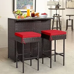 BRISHI Outdoor Bar Set Garden Patio Bar Set Balcony (2 Stools 1 Table Brown-Red)-picture-53