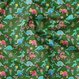 Soimoi Green Cotton Cambric Fabric Aster Flower & Dinosaur Kids Print Fabric by The Meter 42 Inch Wide-picture-15