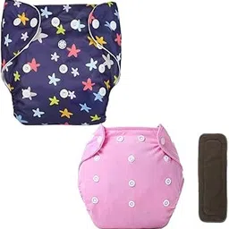 Kritiu Reusable Cloth Diaper | High Absorbent Washable Diaper | Combo Pack | Purple Star Printed and Pink Plain Diaper with Pad-image-53