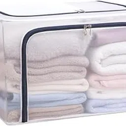VIPREKHO Foldable Transparent Under bed Storage Bag for Clothes Stackable Storage Units Boxes with Stainless Steel Frame, Folding Cabinet Boxes Zipper Large Capacity 66 liter Cloth Storage Bag-image-85