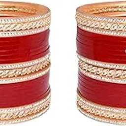 geril Traditional Red and Gold Rhinestone Bangles Set, Wedding Chura Style, Rose Gold Plated-picture-13