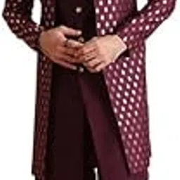 Mens Jacket Sherwani Trouser Set|Silk Blend Fabric Jacquard Pattern Indo-Western Set for Men|Regular Fit Mandarin Collar Long Sleeves-image-67