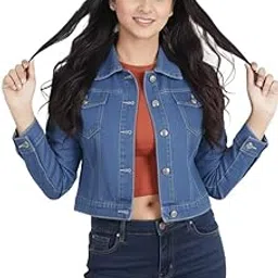 schsteindar Classic Standard Length Denim Jacket for Women, Cropped Style, Button Front, Casual Style, Blue (1Piece)-picture-43