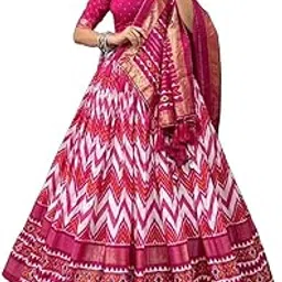 Women's Traditional Lehenga Choli Set with Duppata, Art Silk, Chevron Zig-Zag Print Skirt with Gold Border, Festival Wear-image-8