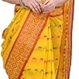 db desh bidesh Women`s Traditional Bengal Tant Woven Haldi Chaturanga Design Pure Handloom Cotton Saree Without Blouse Piece (Yellow Red)-picture-38