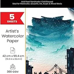 ARTIOS Artists' Watercolor Paper A2 300 GSM - 100% Cotton, Cold-Pressed, Acid-Free, Handmade Water Colour Papers for Watercolour, Acrylic, Gouache, Ink & Mixed Media, 5 Sheets-picture-13