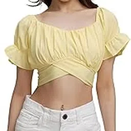 Women's Puff Sleeves Styled Back Crop Top | Cinched Waist | Feminine & Trendy | Perfect for Casual & Day Outings | Tops for Woman | Women Tops | Women Crop Top-image-2