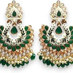 Traditional Green Gold Earrings | Floral Design, Pearl Detailing, Kundan Work | Lightweight & Stylish Ethnic Dangler Earrings for Women & Girls-image-36