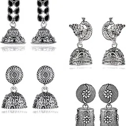 yellow chimes Earrings for Women & Girls | Traditional Silver Oxidised Jhumka | German Silver Oxidized Drop Earring Set | Earrings Combo | Accessories Jewellery | Birthday & Anniversary Gift-picture-27